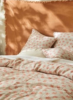 Kussensloop Met Bloemenprint - Biologische Linnen/katoenblend | Oranje -Huishoudartikelen Winkel 3347558