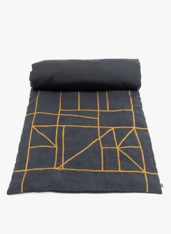 KOTA HDE - Beddensprei Met Borduursel Linnen/katoenblend 85x200 Cm | Zwart